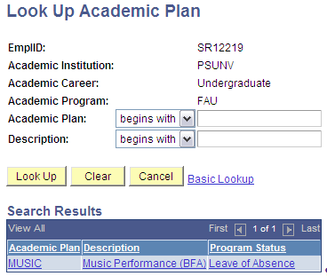 Look Up Academic Plan page