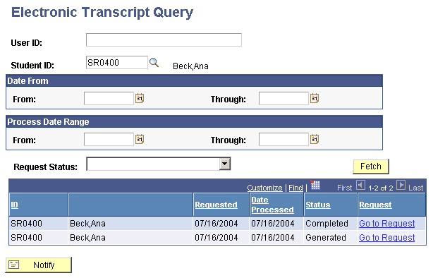 Electronic Transcript Query page