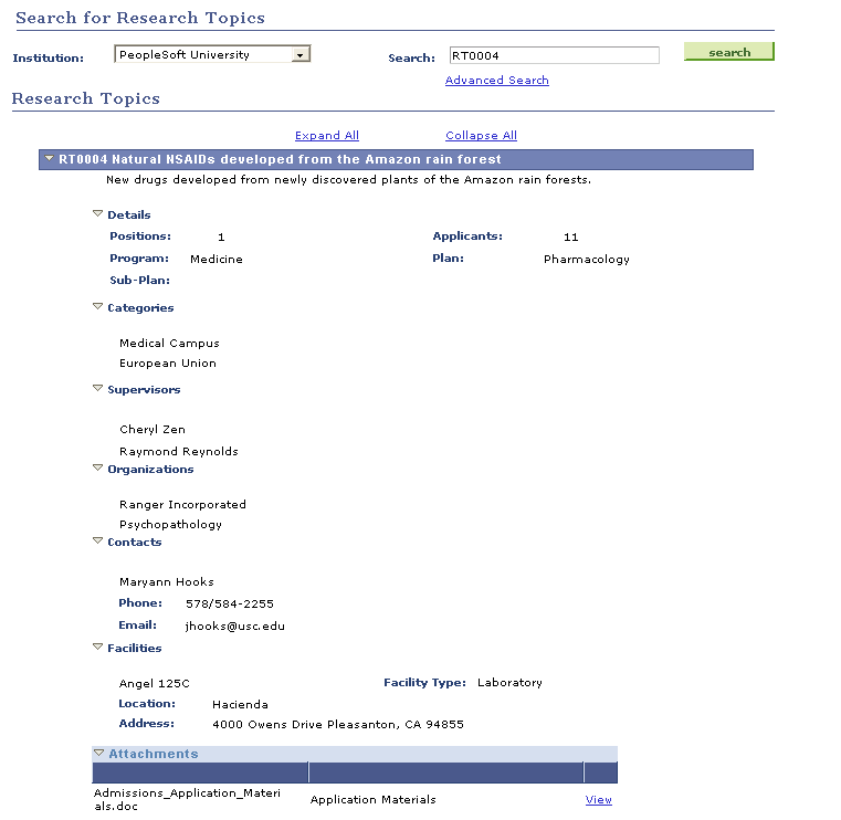 Search for Research Topics page example