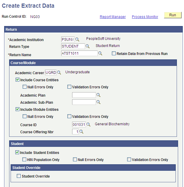 Create Extract Data page