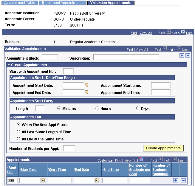 Validation Appointments page