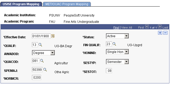 USISE (University Student Information System Enrollment) Program Mapping page