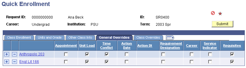 Quick Enrollment page - General Overrides tab