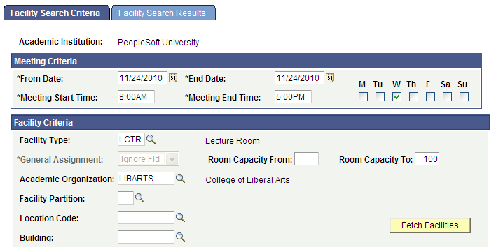 Facility Search Criteria page