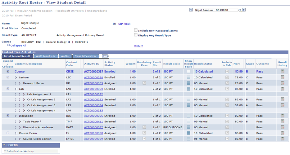 Activity Root Roster â€“ View Student Detail page: Most Recent Result tab