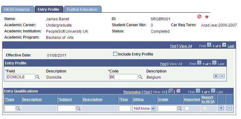 Entry Profile page