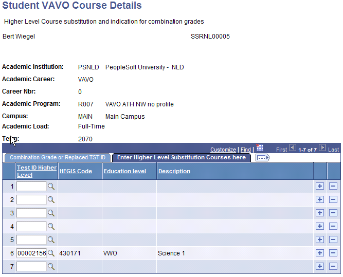 Student VAVO Course Details page: Enter Higher Level Substitution Courses here tab