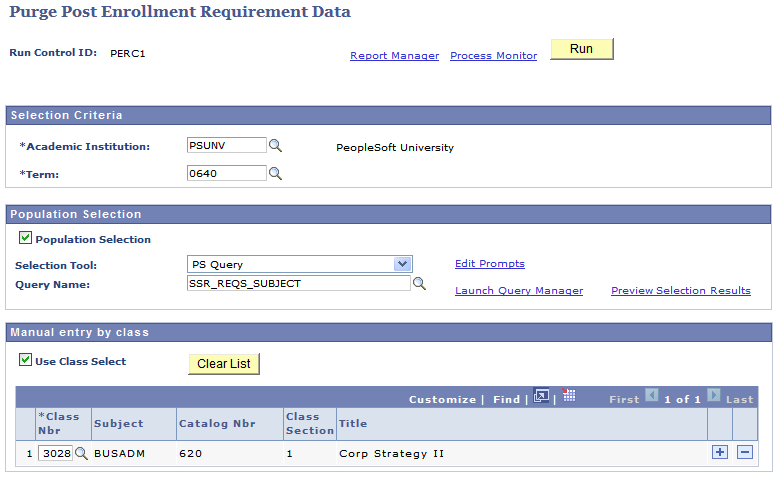 Purge Post Enrollment Requirement Data page
