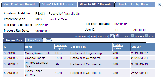 View SA-HELP (Student Amenities Higher Education Loan Program) Records, Student Data tab