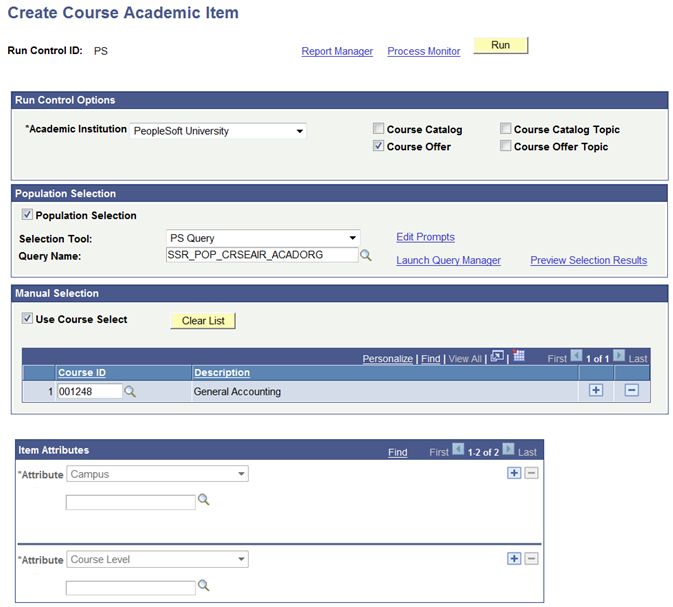 Create Course Academic Item page