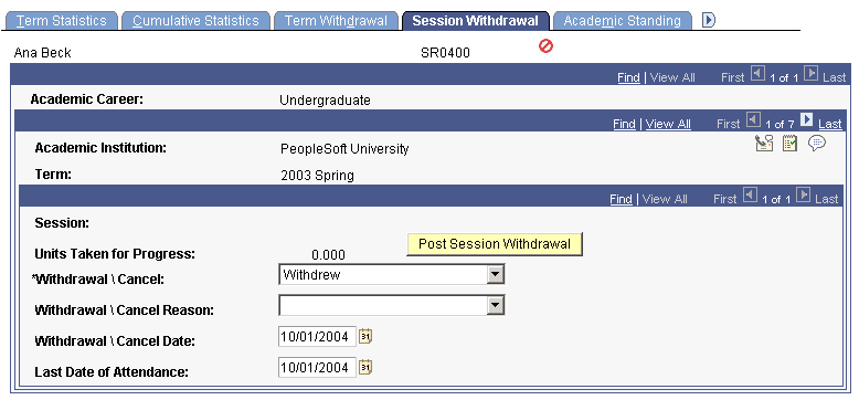 Session Withdrawal page