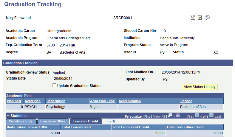 Graduation Tracking page: Transfer Credit tab