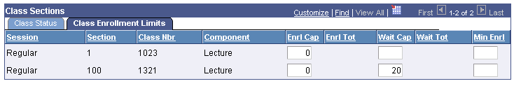 Update Sections of a Class page: Class Enrollment Limit tab