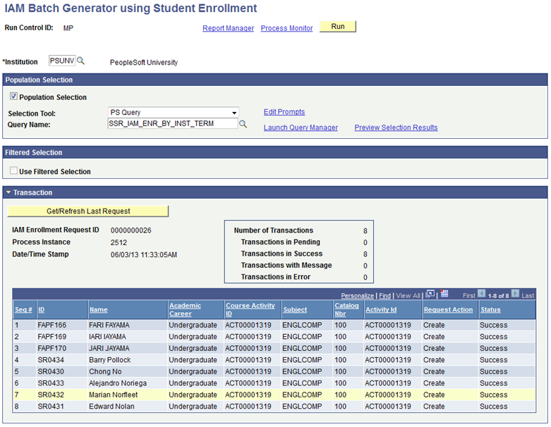 IAM (Individual Activity Manager) Batch Generator using Student Enrollment page: example using Population Selection