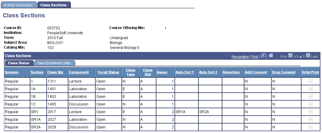 Class Sections page: Class Status tab