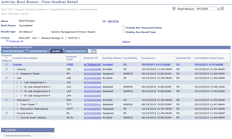 Activity Root Roster â€“ View Student Detail page: Audits tab