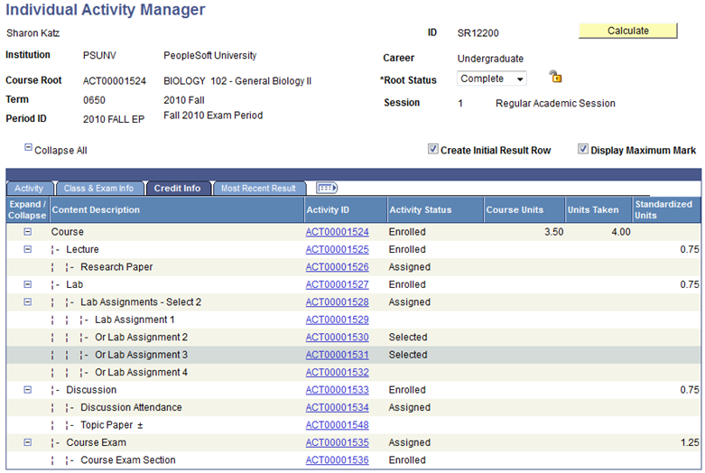Individual Activity Manager page â€“ Credit Info tab