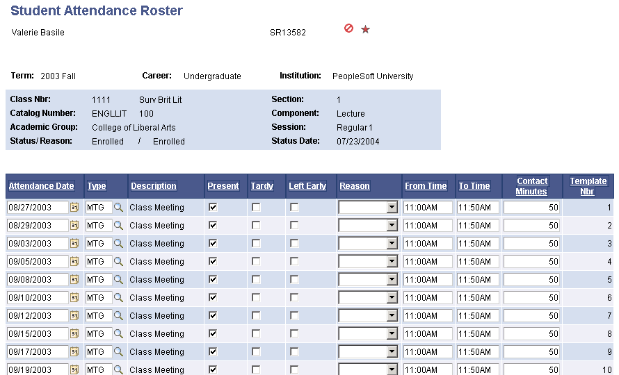 Student Attendance Roster page