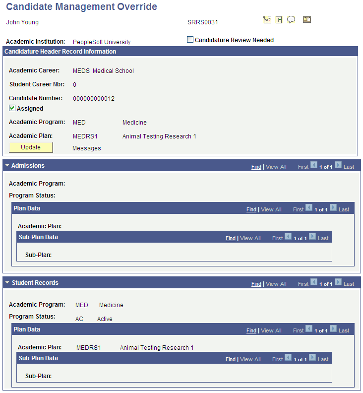 Candidate Management Override page