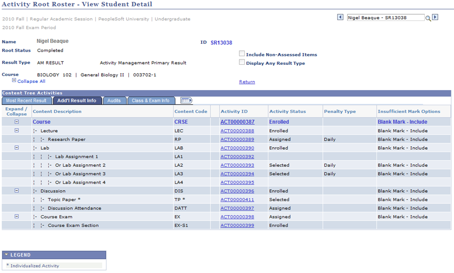 Activity Root Roster â€“ View Student Detail page: Add'l Result Info tab