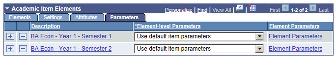 Item Details page: Parameters tab