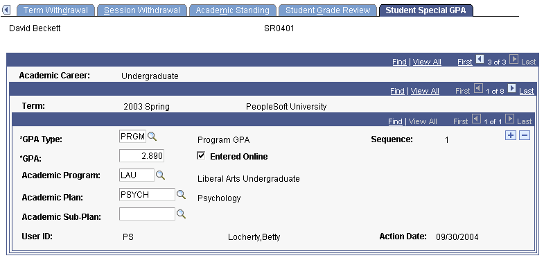 Student Special GPA page