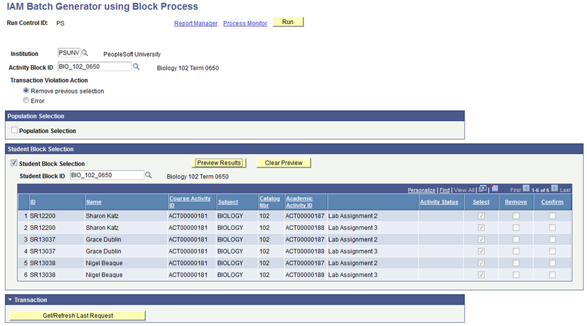 IAM (Individual Activity Manager) Batch Generator using Block Process page
