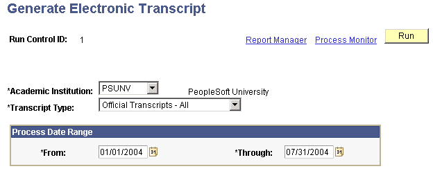 Generate Electronic Transcript page