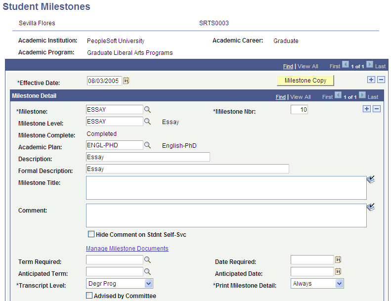 Student Milestones page (1 of 2)