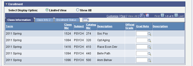 Graduation Tracking page: Class Information tab