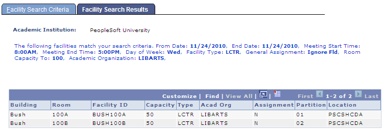 Facility Search Results page