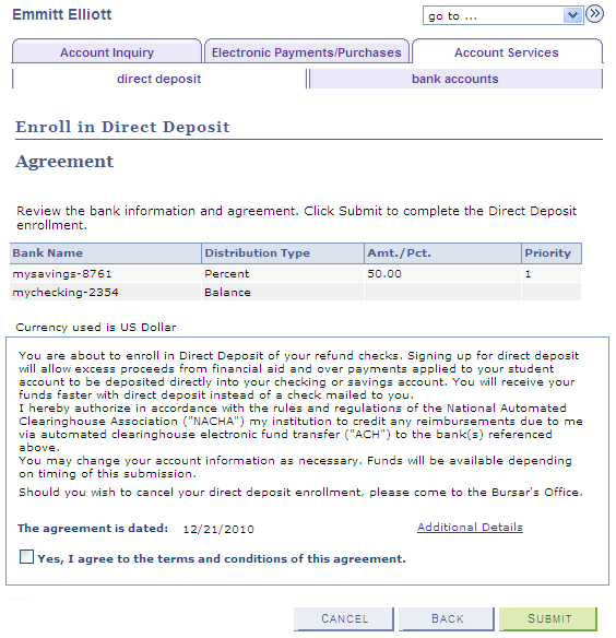Enroll in Direct Deposit - Agreement page