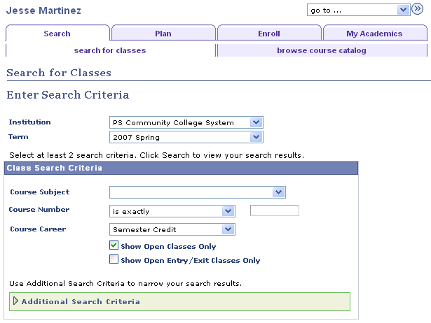 Example of the Search for Classes page