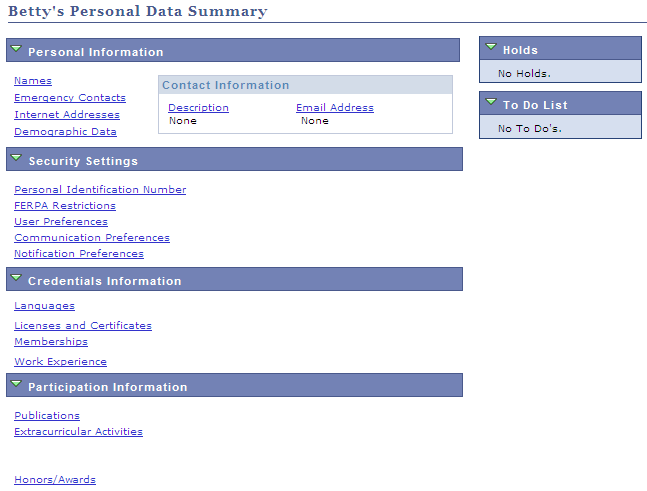 Personal Data Summary page