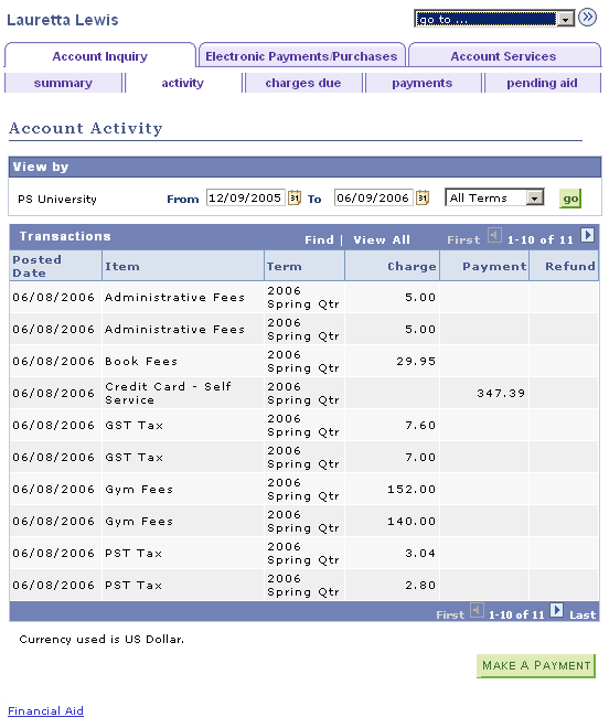 Account Inquiry - Account Activity page