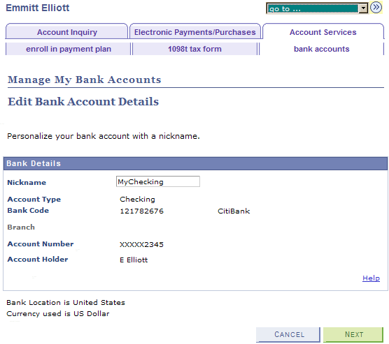Edit Bank Account Details page