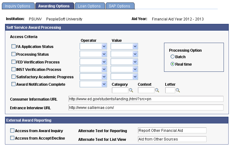 Awarding Options for External Award Reporting page