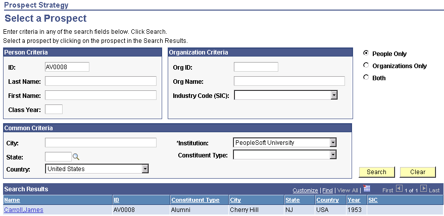 Prospect Strategy - Select a Prospect page