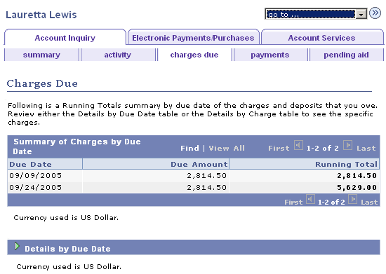 Account Inquiry - Charges Due page (1 of 2)
