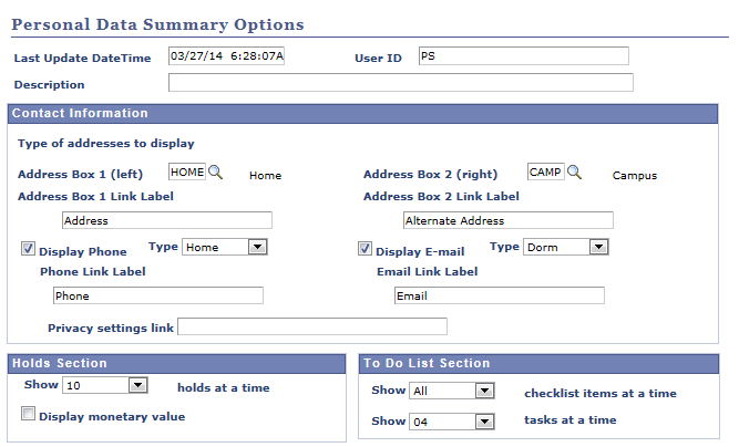Personal Data Summary Options page