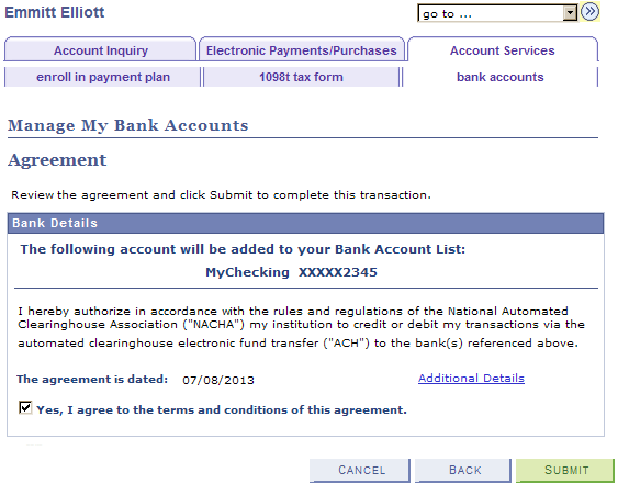 Manage My Bank Accounts - Agreement page
