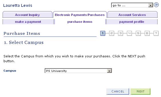 Electronic Payments/Purchases - Purchase Items - Select Campus page