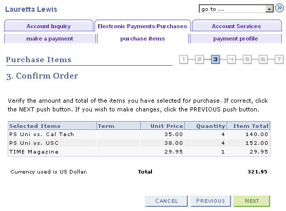 Electronic Payments/Purchases - Purchase Items - Confirm Order page