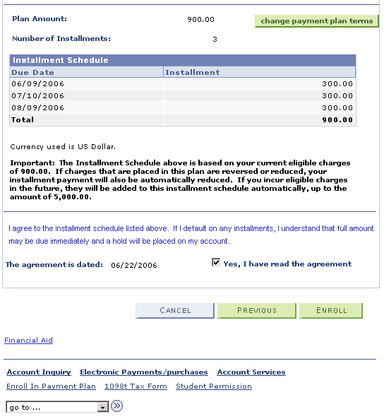 Account Services - Enroll in Payment Plan - Agreement page (2 of 2)