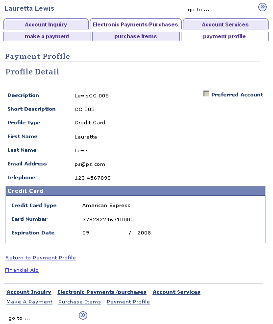 Electronic Payments/Purchases - Payment Profile - Profile Detail page