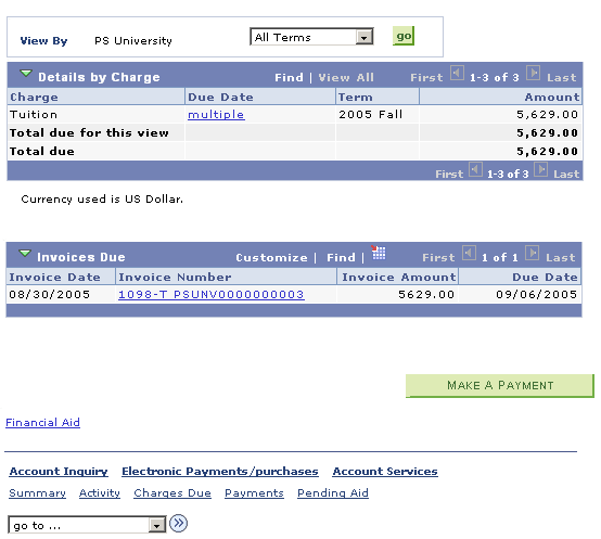 Account Inquiry - Charges Due page (2 of 2)