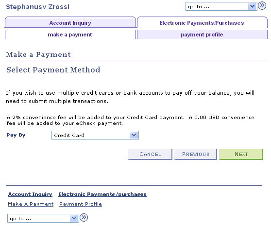 Make a Payment - Select Payment Method page