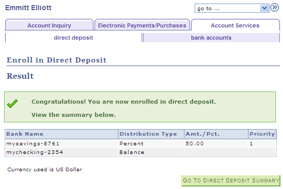 Enroll in Direct Deposit - Result page