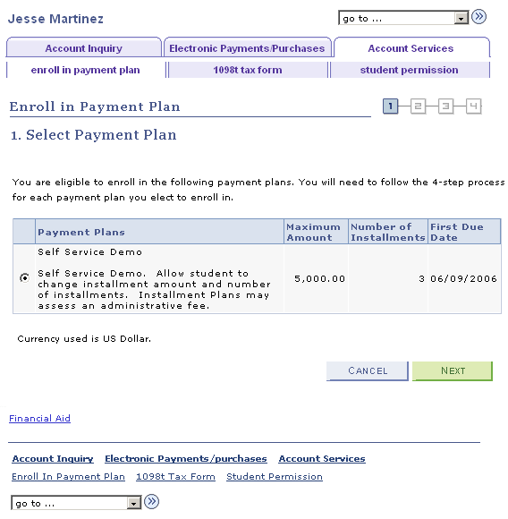 Account Services - Enroll in Payment Plan - Select Payment Plan page