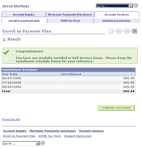 Account Services - Enroll in Payment Plan - Result page
